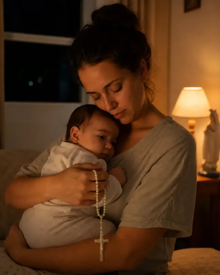 Mãe à meia-luz segurando o bebê que chora no colo, com um terço na mão