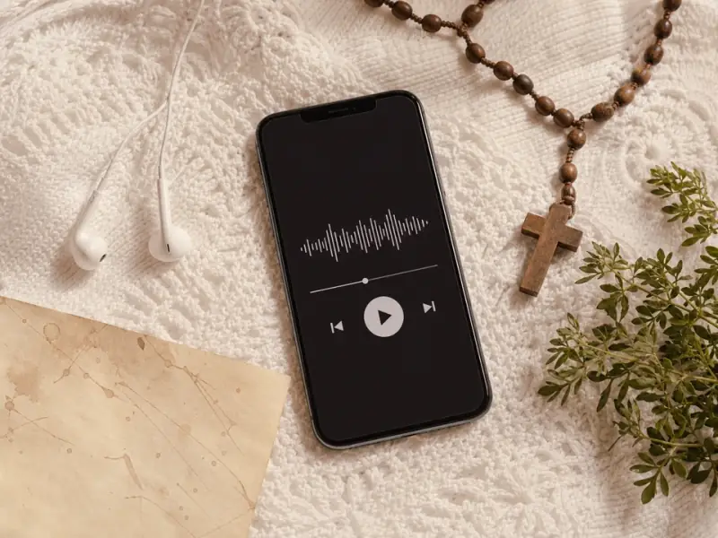 Celular mostrando a reza ilustrada e o player de áudio, ao lado de um fone, um terço e um ramo de arruda